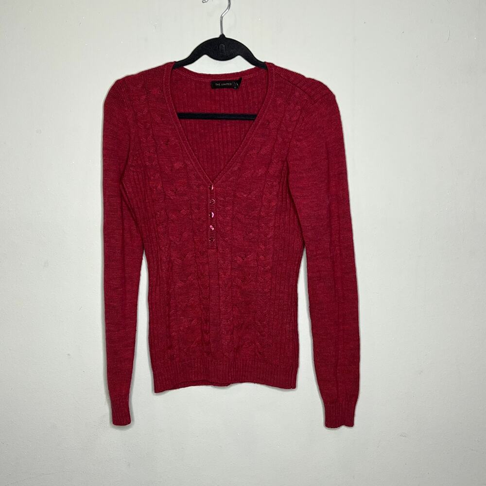 The Limited Red V-Neck Long Sleeve Button Front Cable Knit Sweater Size Medium